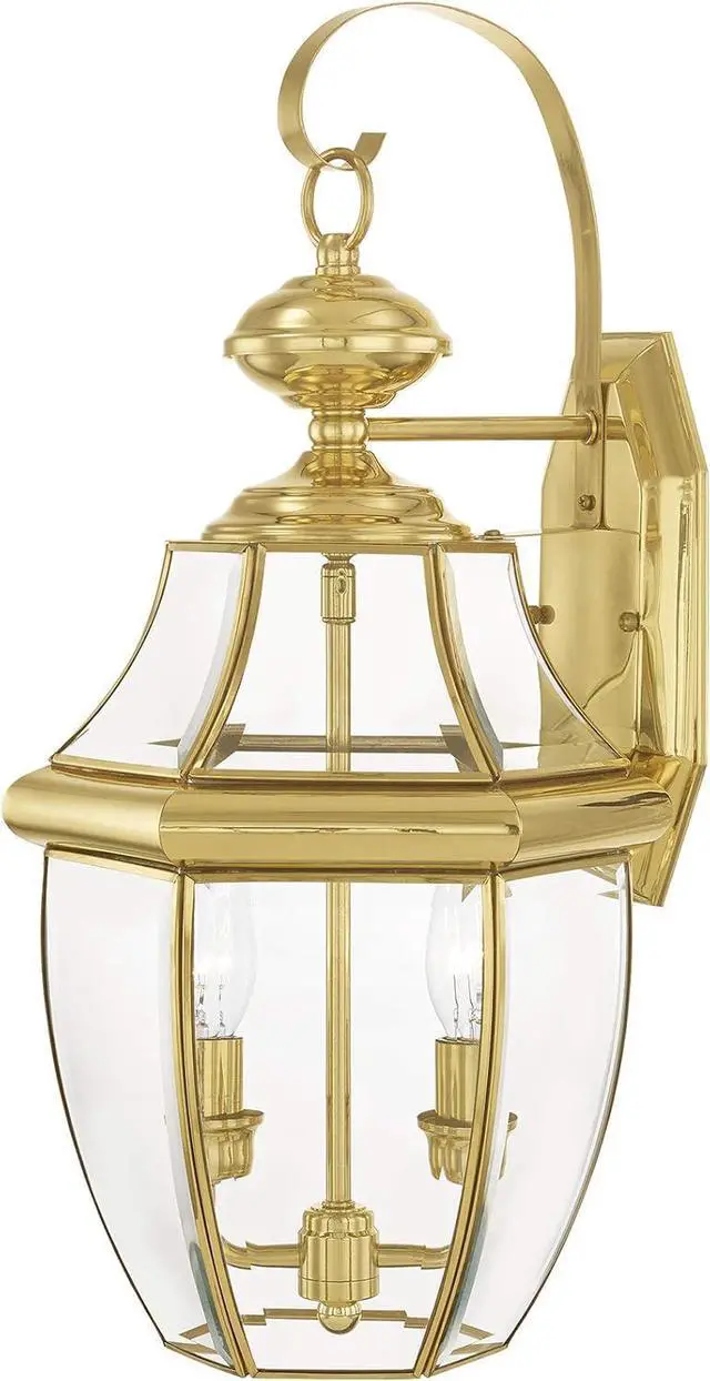 Alt view image 4 of 6 - Livex Lighting 2251-02 Monterey 2 Light Outdoor Polished Brass Finish Solid Brass Wall Lantern with Clear Beveled Glass, 20.25" x 10.5" x 10"