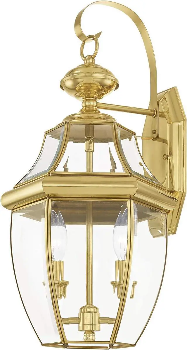 Alt view image 5 of 6 - Livex Lighting 2251-02 Monterey 2 Light Outdoor Polished Brass Finish Solid Brass Wall Lantern with Clear Beveled Glass, 20.25" x 10.5" x 10"