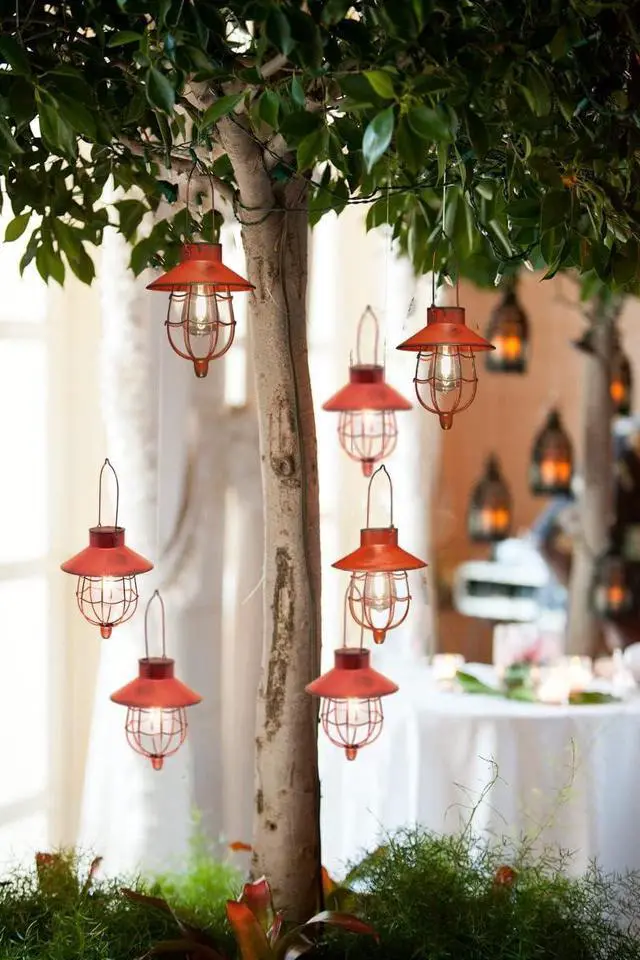 Alt view image 7 of 7 - YAKii 2 Pack Solar Lantern Hanging Waterproof Outdoor Metal Solar Lamp with Warm White Light Decorate for Yard Garden Pathway Patio Porch Decor (Red)