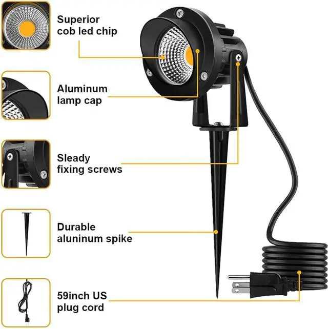Alt view image 3 of 7 - Romwish 120V LED Landscape Lights, 10W 120V Outdoor Landscape Lighting with Ground Spike, 3000K Warm White, IP65 Waterproof Outdoor Spotlight for Lawn, Garden, Yard, Flag Light (Pack of 6)