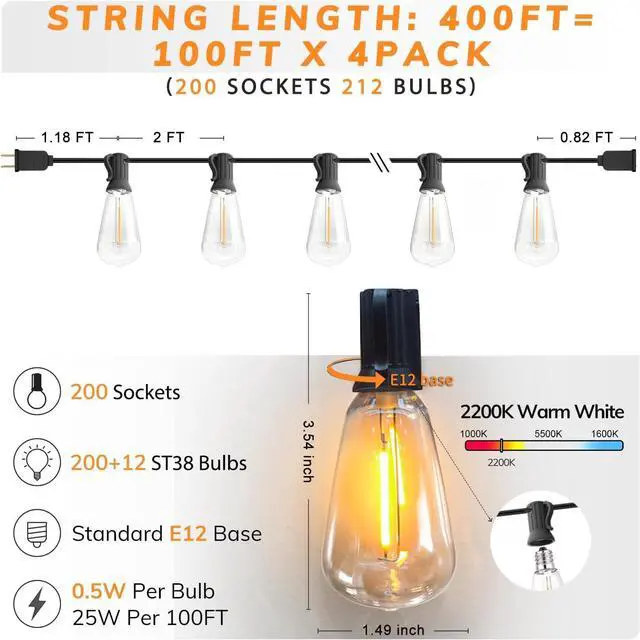 Alt view image 2 of 7 - Achin String Lights for Outside 400FT(100ft*4) 2200K Warm Edison String Lights with 200+12 LED Vintage ST38 Bulbs Shatterproof Patio Lights Outdoor Waterproof for Yard Market Bistro Gazebo