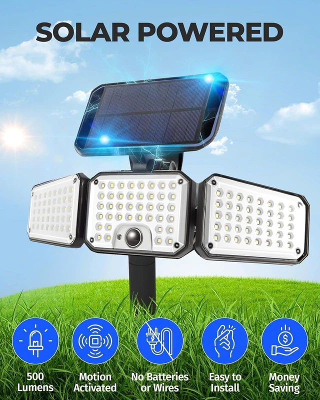 Alt view image 2 of 6 - Bell+Howell Bionic Flood Light AS SEEN ON TV, 500 Lumen Deluxe Version Bionic Floodlight, LED Solar Flood Lights Outdoor Motion Sensor Waterproof Solar Security Lights with 360° 3 Panel Design