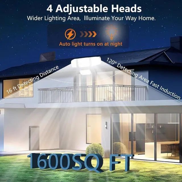 Alt view image 4 of 7 - Solar Outdoor Lights, 3000LM 4 Heads LED Floodlights, Remote Control Solar Motion Dual Sensors Security Lights, IP65 Waterproof Wall Lights for House, Patio, Fence, Garden, Yard, Garage
