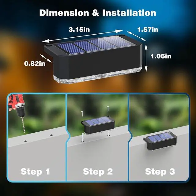 Alt view image 6 of 6 - Peasur Solar Fence Lights Outdoor 8 Pack, Deck Light Solar Powered, Waterproof LED Step Lights for Railing Yard Patio Outside Wall(Warm White)