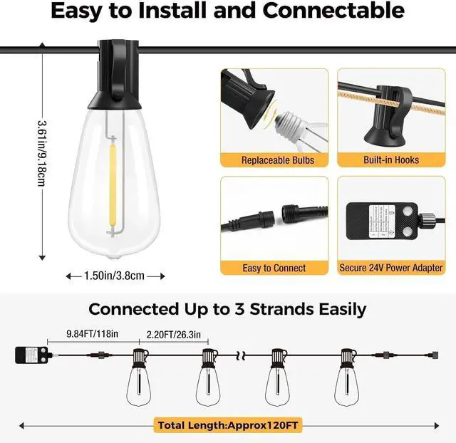 Alt view image 5 of 7 - litogo 120FT LED Outdoor String Lights with Dimmer, Waterproof Patio Lights with ST38 Vintage Edison Bulbs, Warm White Outside Hanging Light with Timer for Yard Gazebo Party