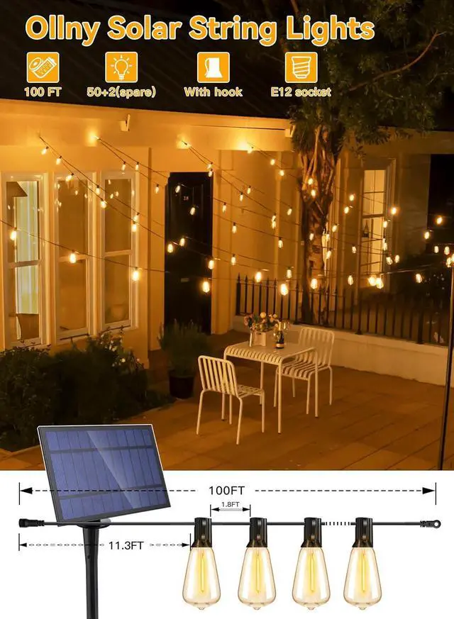 Alt view image 2 of 7 - Ollny 50+2 LEDs ST38 Solar String Lights, 100 FT USB & Solar Dual Charging Outdoor String Lights, 3 Modes 5 Timers 10 Brightness 2200K Waterproof Patio Lights for Porch Garden Market Bistro Camping