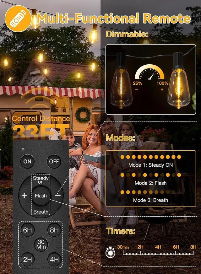 Alt view image 3 of 7 - Ollny 50+2 LEDs ST38 Solar String Lights, 100 FT USB & Solar Dual Charging Outdoor String Lights, 3 Modes 5 Timers 10 Brightness 2200K Waterproof Patio Lights for Porch Garden Market Bistro Camping