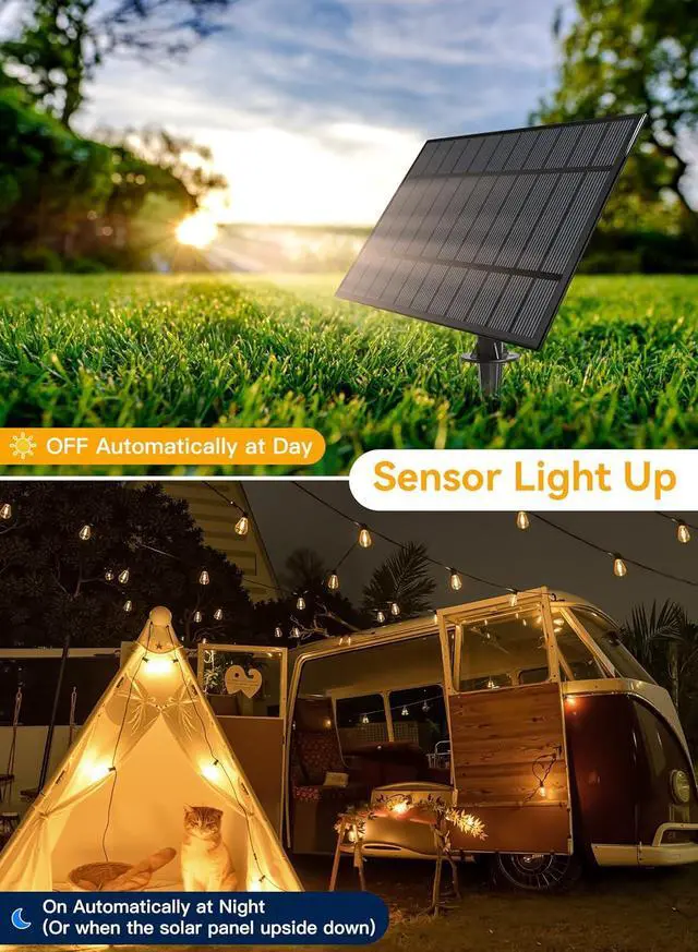Alt view image 4 of 7 - Ollny 50+2 LEDs ST38 Solar String Lights, 100 FT USB & Solar Dual Charging Outdoor String Lights, 3 Modes 5 Timers 10 Brightness 2200K Waterproof Patio Lights for Porch Garden Market Bistro Camping