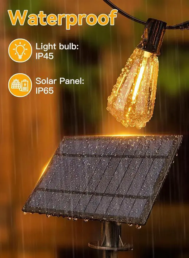Alt view image 6 of 7 - Ollny 50+2 LEDs ST38 Solar String Lights, 100 FT USB & Solar Dual Charging Outdoor String Lights, 3 Modes 5 Timers 10 Brightness 2200K Waterproof Patio Lights for Porch Garden Market Bistro Camping