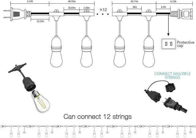Alt view image 7 of 7 - Banord Outdoor String Lights Commercial Grade 96ft Waterproof with 30 S14 Shatterproof Dimmable LED Bulbs, Heavy Duty Hanging Lights for Patio Garden Backyard Decoration, 2W 2x48ft Strands