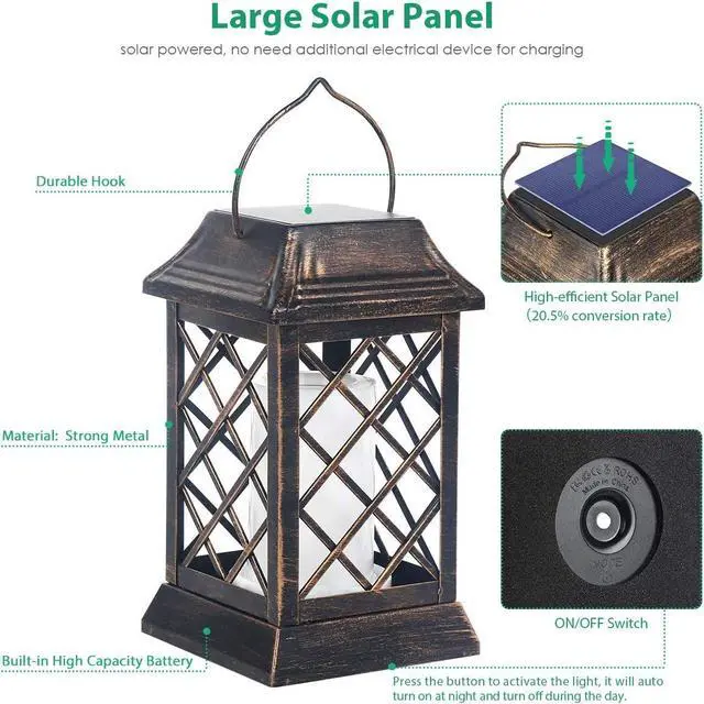 Alt view image 3 of 7 - TomCare Solar Lights Outdoor Flickering Flame Metal Solar Lantern Outdoor Hanging Decorative Lanterns Heavy Duty Waterproof Umbrella Decorations Lighting for Patio Garden Deck Yard, 2 Pack (Bronze)