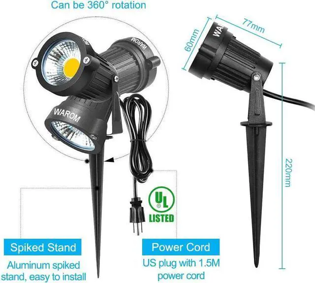 Alt view image 2 of 6 - Landscape Outdoor,IP65 Waterproof Garden Spotlights,5W AC 120V Yard Flood Light,Metal Ground Stake Lawn,3200K LED Spotlight with 1.5M UL-Listed Cord and 3-Plug (2 Packs)