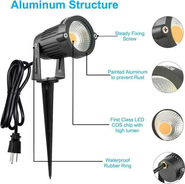 Alt view image 3 of 6 - Landscape Outdoor,IP65 Waterproof Garden Spotlights,5W AC 120V Yard Flood Light,Metal Ground Stake Lawn,3200K LED Spotlight with 1.5M UL-Listed Cord and 3-Plug (2 Packs)