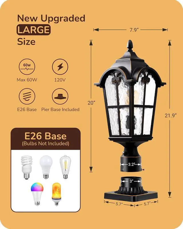 Alt view image 3 of 7 - EDISHINE Large Size Dusk to Dawn Outdoor Post Light, 21.9'' H Pole Light Fixture with Pier Mount Base, Waterproof Exterior Lamp Post Lantern Head for Yard, Driveway, Fence, Black