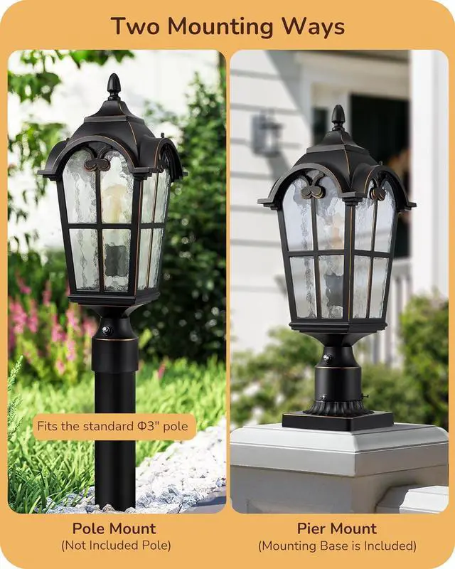 Alt view image 5 of 7 - EDISHINE Large Size Dusk to Dawn Outdoor Post Light, 21.9'' H Pole Light Fixture with Pier Mount Base, Waterproof Exterior Lamp Post Lantern Head for Yard, Driveway, Fence, Black