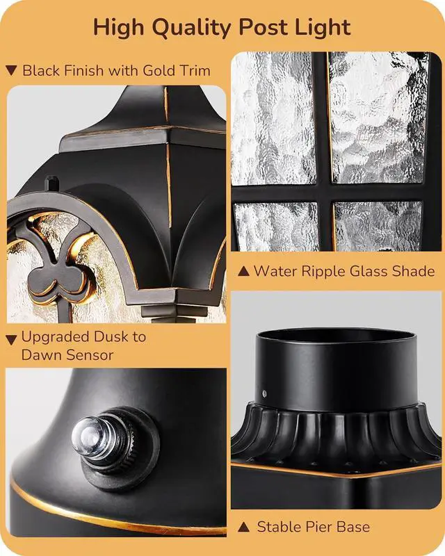 Alt view image 7 of 7 - EDISHINE Large Size Dusk to Dawn Outdoor Post Light, 21.9'' H Pole Light Fixture with Pier Mount Base, Waterproof Exterior Lamp Post Lantern Head for Yard, Driveway, Fence, Black