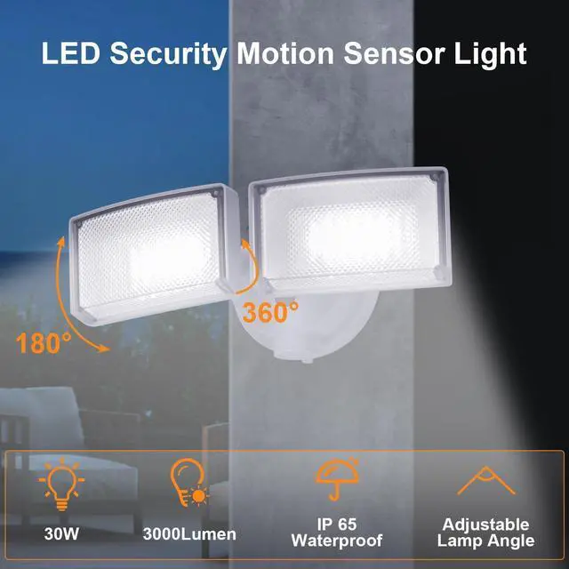 Alt view image 3 of 7 - 30W 3000 Lumen LED Dual-Head Flood Light Outdoor, Metal Exterior Metal Security Lights, 3000K/5000K Light, IP65 Waterproof Wall/Eave Mount Flood Light for Garage, Patio, Yard (White)