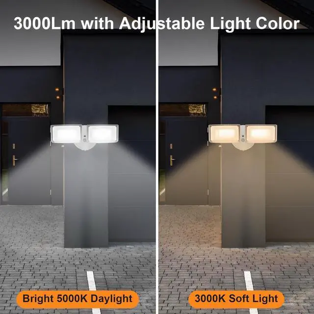 Alt view image 2 of 7 - 30W 3000 Lumen LED Dual-Head Flood Light Outdoor, Metal Exterior Metal Security Lights, 3000K/5000K Light, IP65 Waterproof Wall/Eave Mount Flood Light for Garage, Patio, Yard (White)