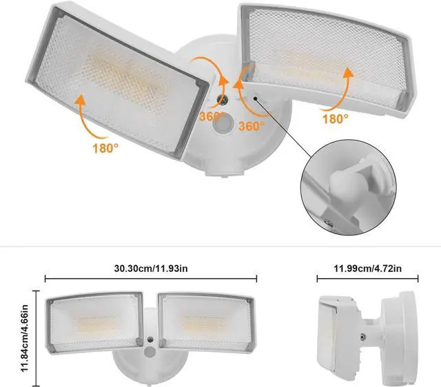 Alt view image 7 of 7 - 30W 3000 Lumen LED Dual-Head Flood Light Outdoor, Metal Exterior Metal Security Lights, 3000K/5000K Light, IP65 Waterproof Wall/Eave Mount Flood Light for Garage, Patio, Yard (White)