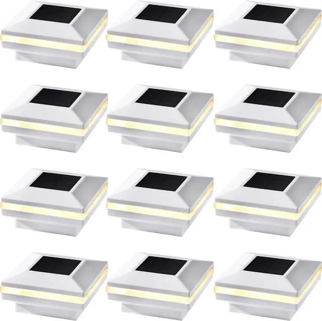 Main image of Dynaming 12 Pack Solar Post Lights, Outdoor Solar Powered Decorative Post Cap Light, White Shell & Warm White LED Lighting for Fence Deck Patio, Only Fit 3.5"x3.5" Wooden Posts