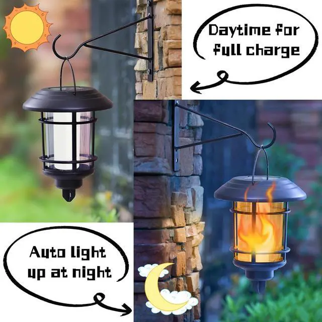 Alt view image 2 of 7 - Dynaming 4 Pack Solar Flame Wall Lanterns Outdoor, Solar Powered Wall Mounted Sconce Lights, Flickering Flame LED Light Auto On/Off Hanging Lights, Waterproof for Garage Stair Patio Porch Yard