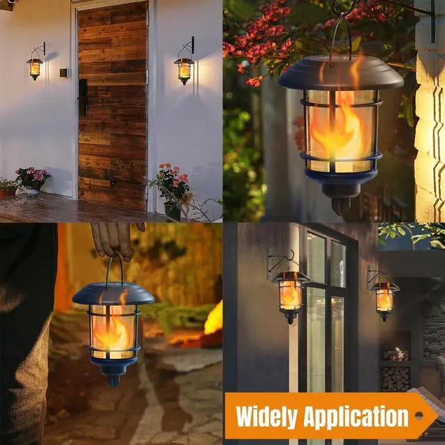 Alt view image 4 of 7 - Dynaming 4 Pack Solar Flame Wall Lanterns Outdoor, Solar Powered Wall Mounted Sconce Lights, Flickering Flame LED Light Auto On/Off Hanging Lights, Waterproof for Garage Stair Patio Porch Yard