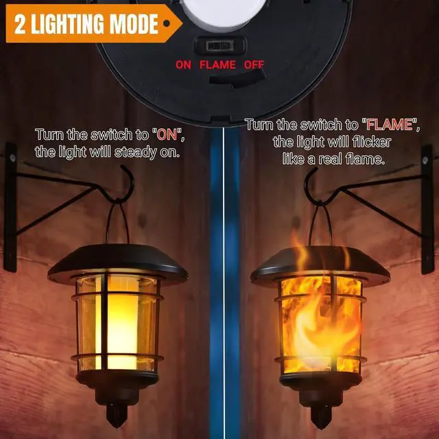 Alt view image 5 of 7 - Dynaming 4 Pack Solar Flame Wall Lanterns Outdoor, Solar Powered Wall Mounted Sconce Lights, Flickering Flame LED Light Auto On/Off Hanging Lights, Waterproof for Garage Stair Patio Porch Yard