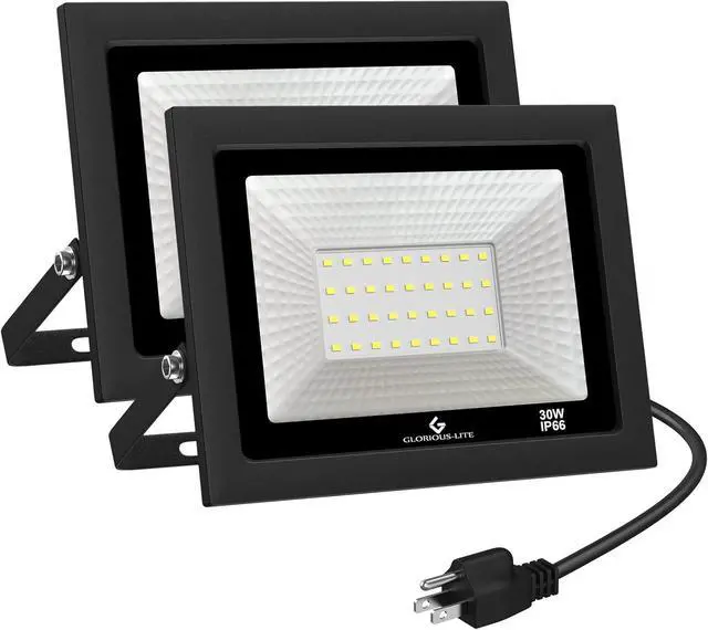 Main image of GLORIOUS-LITE LED Flood Lights Outdoor, 100W 10000LM Outside LED Work Light with Plug, 6000K Daylight White, IP66 Waterproof Portable Spot Security Lights for Garage, Yard, Garden, Playground(2 Pack)