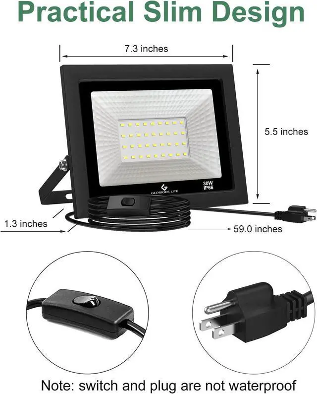 Alt view image 6 of 7 - GLORIOUS-LITE LED Flood Lights Outdoor, 100W 10000LM Outside LED Work Light with Plug, 6000K Daylight White, IP66 Waterproof Portable Spot Security Lights for Garage, Yard, Garden, Playground(2 Pack)