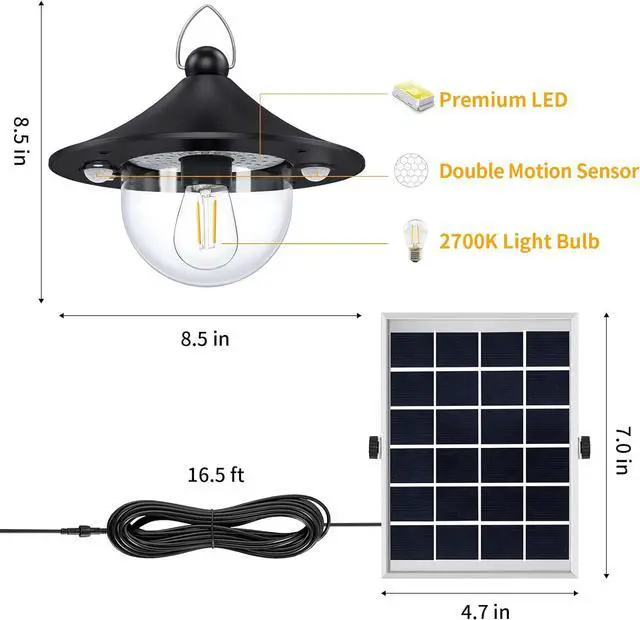 Alt view image 7 of 7 - Solar Barn Lights Indoor Outdoor Shed Light Solar Powered with Remote & Motion Sensor, Waterproof Solar Hanging Pendant Lamp for Porch, Inside Home, Farmhouse, Gazebo, Chicken Coop, Daytime Available