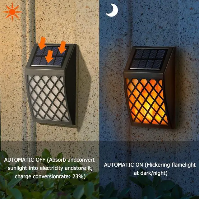 Alt view image 2 of 7 - Dynaming Solar Flame Wall Lights Outdoor, 8 Pack Solar Powered Wall Lights, Flickering Flame Auto On/Off Wall Mounted Fence Deck Lights Lattice Decorative for Garage Garden Pathway Patio Porch Yard