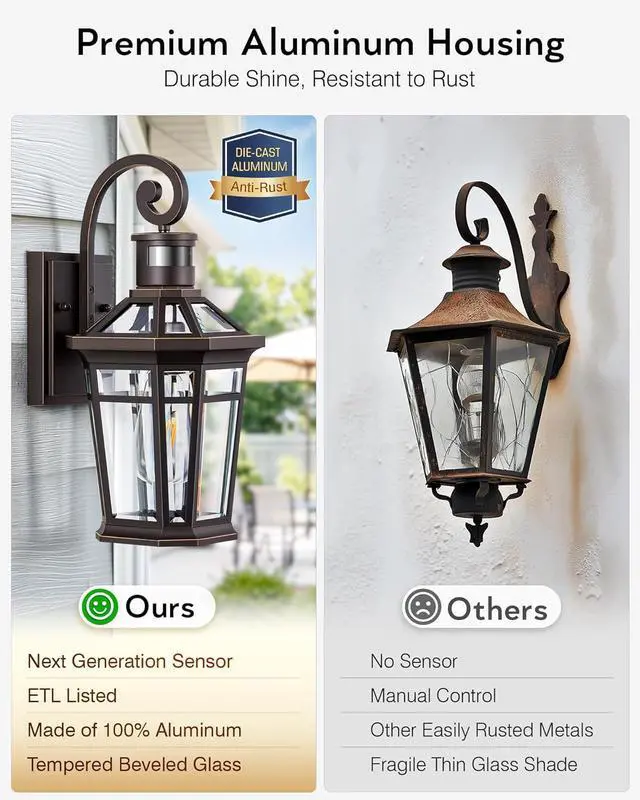 Alt view image 5 of 7 - 2 Pack Motion Sensor Outdoor Porch Lights Wall Mount, Oil Rubbed Bronze Outside Garage Lights Wall Lantern, Dusk to Dawn Exterior Lighting Fixtures, Anti-Rust Outside Sconce Light for Patio