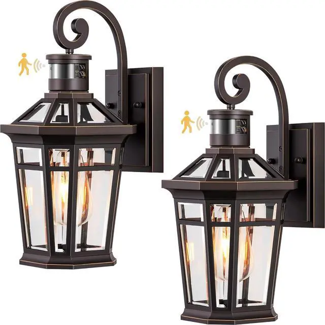 Main image of 2 Pack Motion Sensor Outdoor Porch Lights Wall Mount, Oil Rubbed Bronze Outside Garage Lights Wall Lantern, Dusk to Dawn Exterior Lighting Fixtures, Anti-Rust Outside Sconce Light for Patio