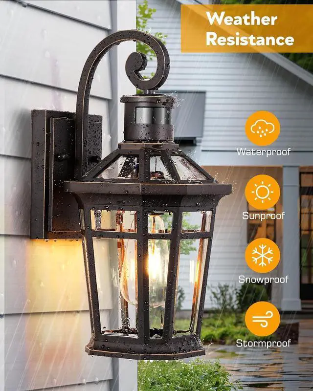 Alt view image 6 of 7 - 2 Pack Motion Sensor Outdoor Porch Lights Wall Mount, Oil Rubbed Bronze Outside Garage Lights Wall Lantern, Dusk to Dawn Exterior Lighting Fixtures, Anti-Rust Outside Sconce Light for Patio