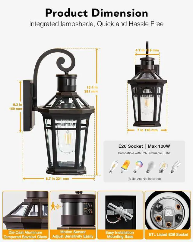 Alt view image 7 of 7 - 2 Pack Motion Sensor Outdoor Porch Lights Wall Mount, Oil Rubbed Bronze Outside Garage Lights Wall Lantern, Dusk to Dawn Exterior Lighting Fixtures, Anti-Rust Outside Sconce Light for Patio