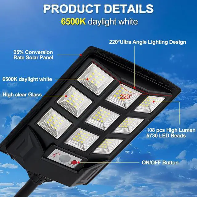 Alt view image 6 of 7 - Solar Lights Outdoor,IP66 Waterproof Solar Street Lights with Motion Sensor & Remote,6500K Dusk to Dawn Security Light for Parking Lot/Yard/Garden (2 Pack)