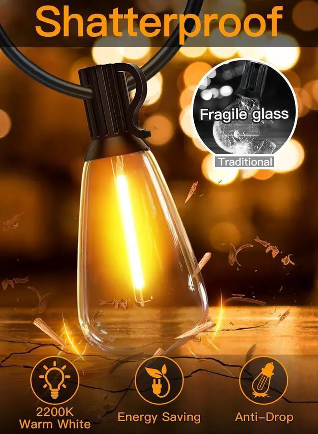Alt view image 3 of 7 - Ollny Outdoor String Lights 30FT, Shatterproof Connectable Patio Lights with 15+1 Spare ST38 Vintage Bulbs, 2200K Warm White Waterproof Outside Hanging Light for Camping Yard Gazebo Porch Balcony