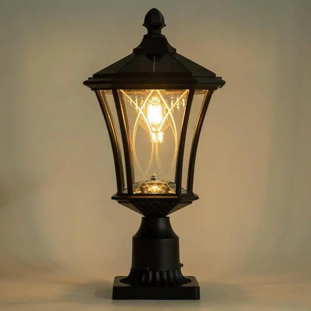 Main image of LUTEC Outdoor Solar Lamp Post Light with Pier Mount Base, Dusk to Dawn Waterproof Pole Light Head with Patterned Glass, Exterior Black Solar Powered Fence Post Light Fixtures for Outside