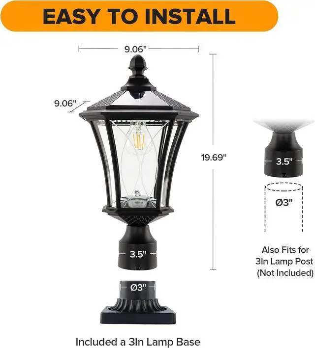 Alt view image 4 of 7 - LUTEC Outdoor Solar Lamp Post Light with Pier Mount Base, Dusk to Dawn Waterproof Pole Light Head with Patterned Glass, Exterior Black Solar Powered Fence Post Light Fixtures for Outside