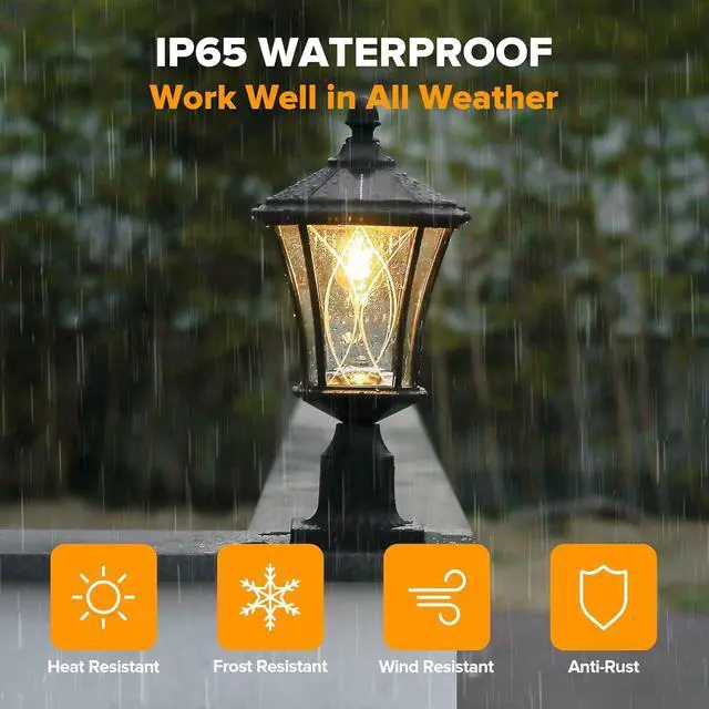 Alt view image 5 of 7 - LUTEC Outdoor Solar Lamp Post Light with Pier Mount Base, Dusk to Dawn Waterproof Pole Light Head with Patterned Glass, Exterior Black Solar Powered Fence Post Light Fixtures for Outside