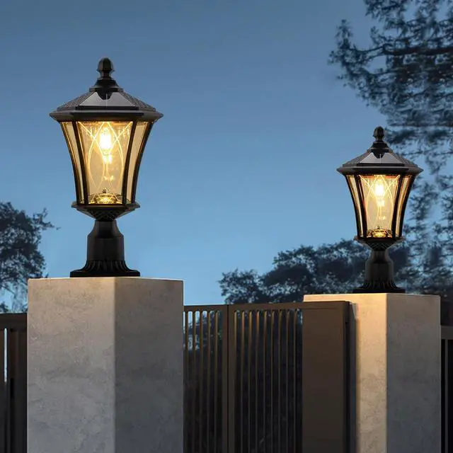 Alt view image 7 of 7 - LUTEC Outdoor Solar Lamp Post Light with Pier Mount Base, Dusk to Dawn Waterproof Pole Light Head with Patterned Glass, Exterior Black Solar Powered Fence Post Light Fixtures for Outside