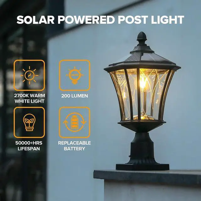 Alt view image 6 of 7 - LUTEC Outdoor Solar Lamp Post Light with Pier Mount Base, Dusk to Dawn Waterproof Pole Light Head with Patterned Glass, Exterior Black Solar Powered Fence Post Light Fixtures for Outside