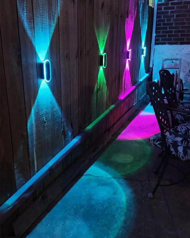 Alt view image 7 of 7 - 6 Pack Solar Fence Lights Outdoor, RGBW 8-Color Changing Waterproof Dual Lens Up/Down Lighting Solar Powered Fence Lights for Garden/Pool Cage/Patio/Wall/Porch(2 Installation Modes)