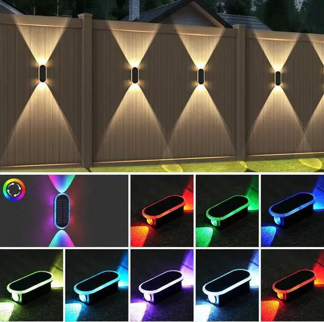 Alt view image 4 of 7 - 6 Pack Solar Fence Lights Outdoor, RGBW 8-Color Changing Waterproof Dual Lens Up/Down Lighting Solar Powered Fence Lights for Garden/Pool Cage/Patio/Wall/Porch(2 Installation Modes)