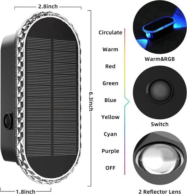Alt view image 5 of 7 - 6 Pack Solar Fence Lights Outdoor, RGBW 8-Color Changing Waterproof Dual Lens Up/Down Lighting Solar Powered Fence Lights for Garden/Pool Cage/Patio/Wall/Porch(2 Installation Modes)