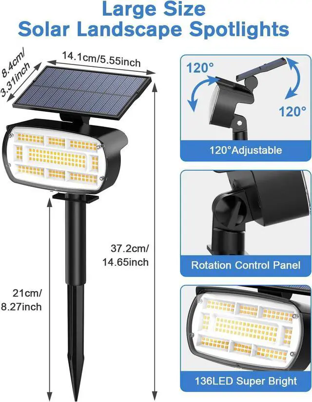 Alt view image 7 of 7 - Fabrito Solar Spot Lights Outdoor 136 LEDs, Big Brighter Lighting Solar Lights Outdoor, 4 Pack IP65 Waterproof Landscape Spotlights Auto On/Off for Yard, Garden, Pathway, Plants,Tree (Warm White)