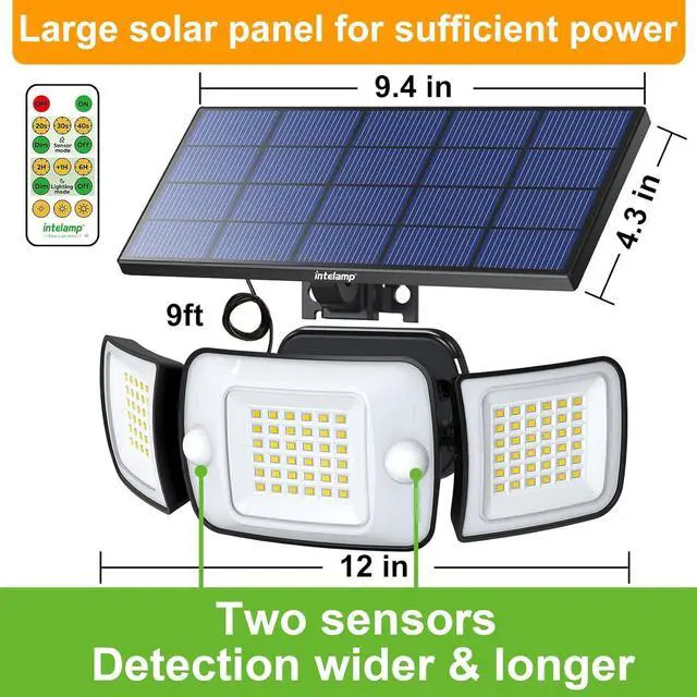 Alt view image 3 of 6 - intelamp Solar Lights Outdoor, 3 Head Solar MotionSensor Lights for Outside, lP65 Waterproof,Separate Panel with 9FT Cable RemoteControl Wall Lights