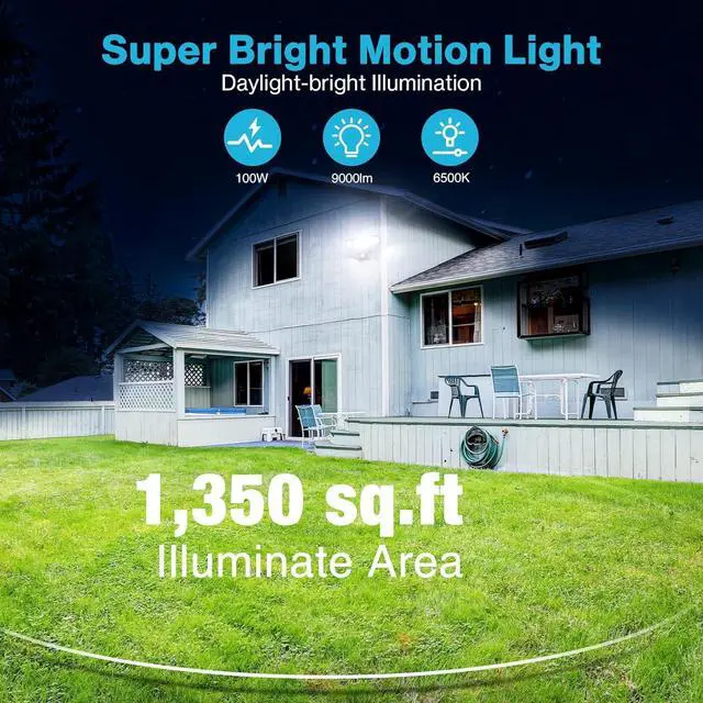 Alt view image 4 of 7 - Olafus 100W LED Security Light Motion Sensor Outdoor Light, Motion Flood Light Dusk to Dawn, 9000LM Super Bright 6500K Exterior Motion Detector Floodlight for Garage Yard Porch Eave IP65, Black