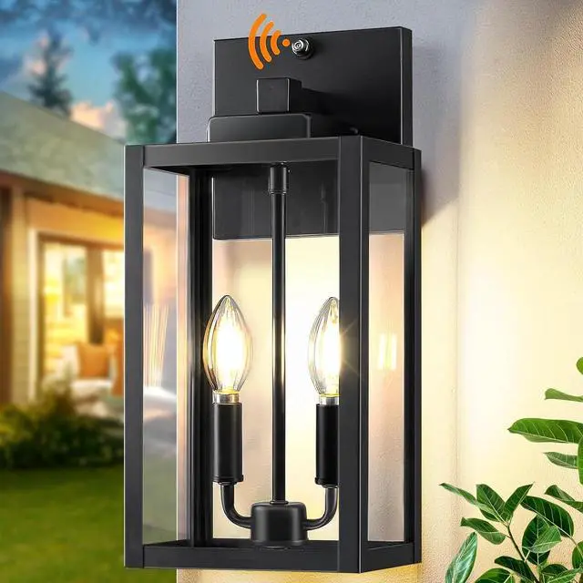 Main image of 15.4" Dusk to Dawn Black Outdoor Wall Lantern 2-Light, Outside Modern Wall Sconce Light Fixture, Industrial Porch Light with E12 Sockets, Waterproof Exterior Lamp Lighting, 1 Pack