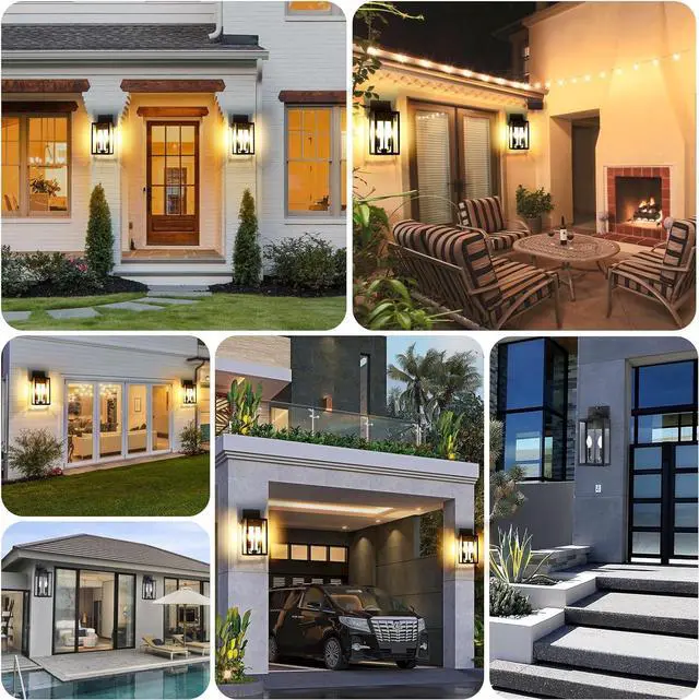 Alt view image 2 of 7 - 15.4" Dusk to Dawn Black Outdoor Wall Lantern 2-Light, Outside Modern Wall Sconce Light Fixture, Industrial Porch Light with E12 Sockets, Waterproof Exterior Lamp Lighting, 1 Pack